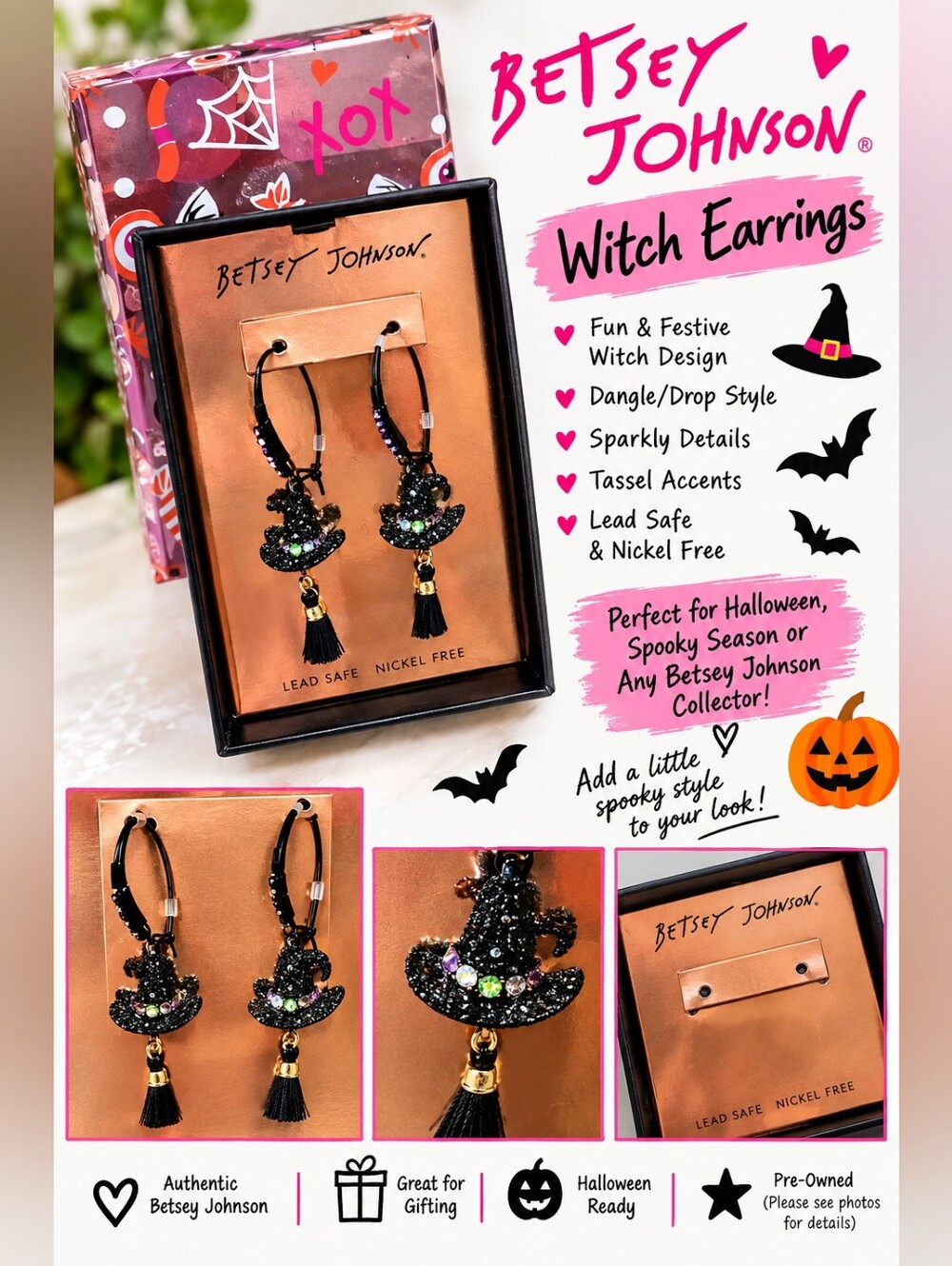 Betsey Johnson Black Glitter Witch Hat Drop Earrings with Green Accents